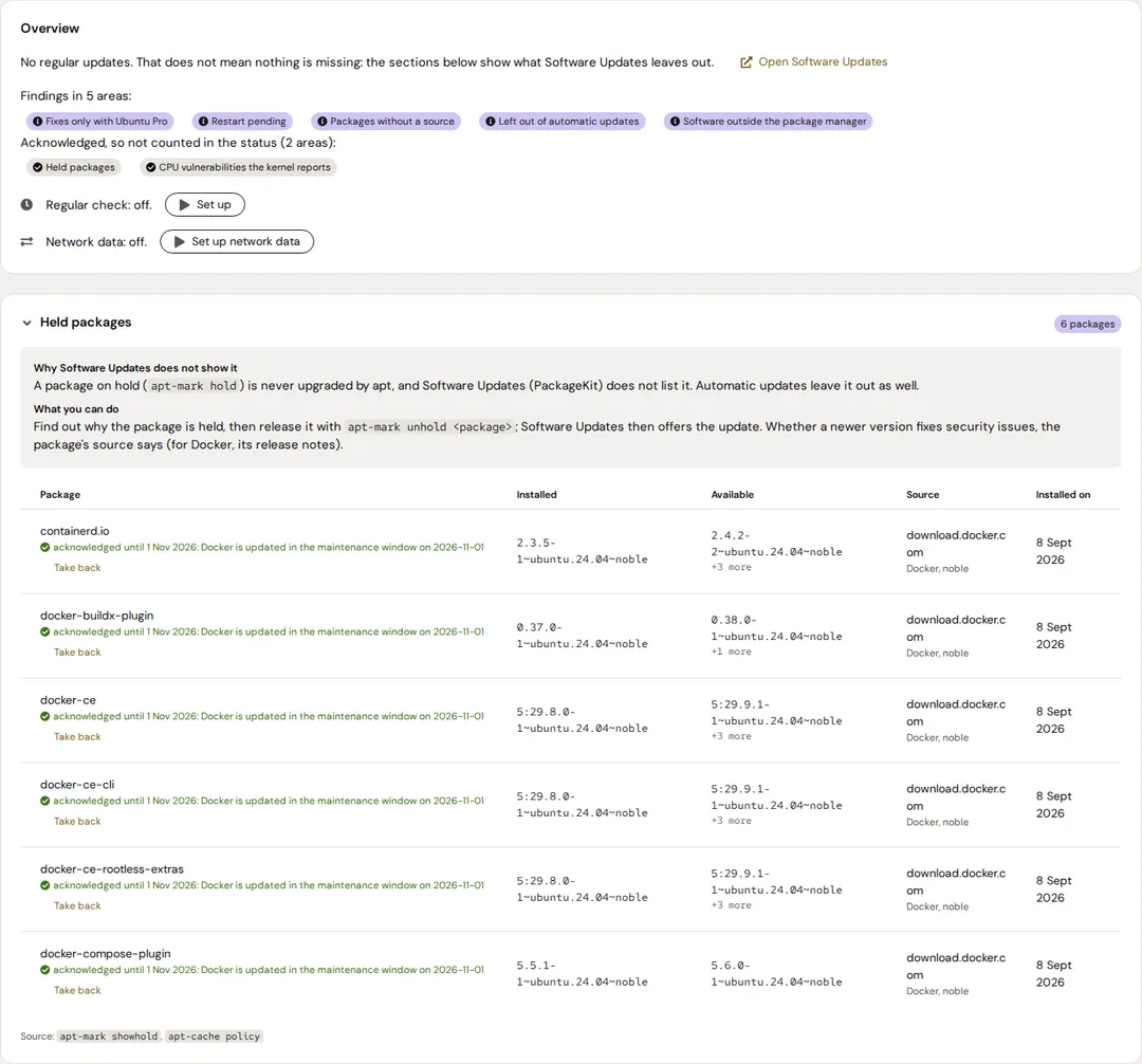 Held Docker packages acknowledged until the maintenance window: still shown, no longer counted in the status