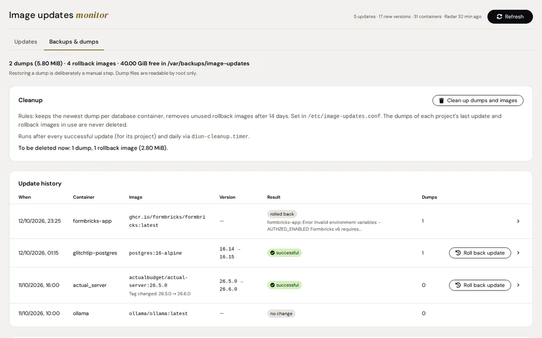Backups und Dumps: Regeln für das Aufräumen und die Update-Historie mit Rollback-Knöpfen