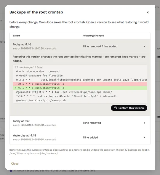 Backups of the root crontab, each with the lines restoring it would remove and add
