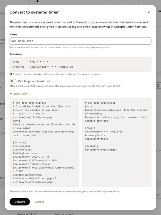 Converting a cron job to a systemd timer: name, schedule checked with systemd-analyze and the units it creates