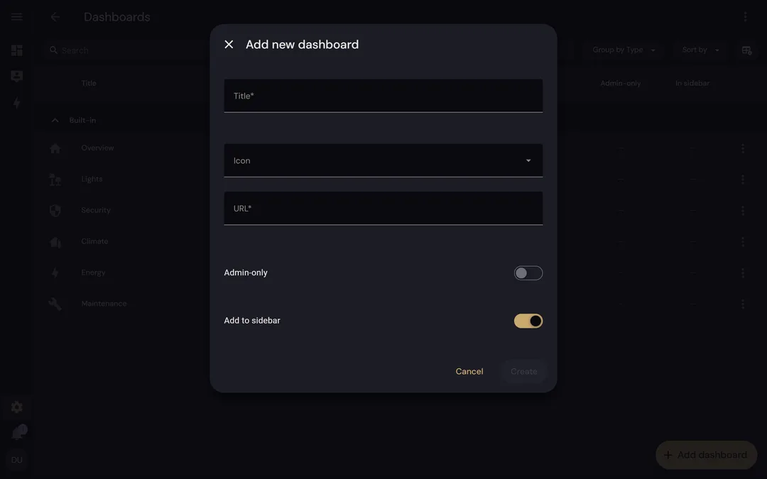 Dialog für ein neues Dashboard im dunklen Modus, mit Textfeldern und Schaltern