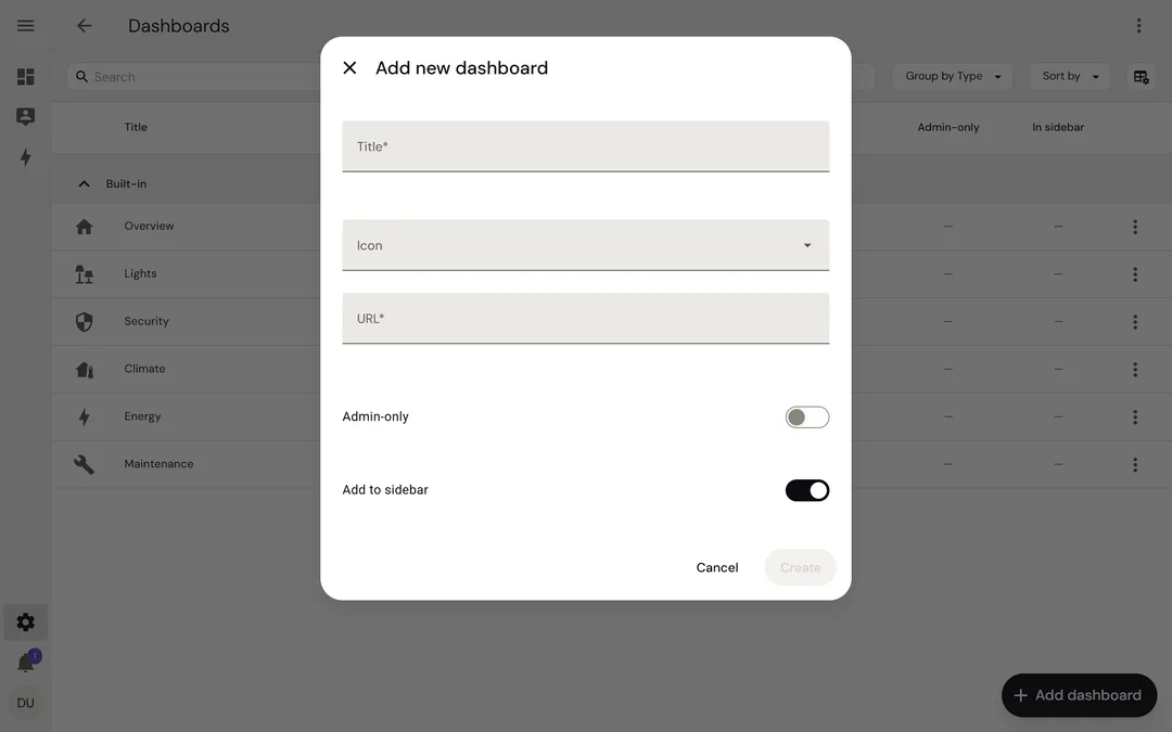 Dialog für ein neues Dashboard im hellen Modus, mit Textfeldern und Schaltern