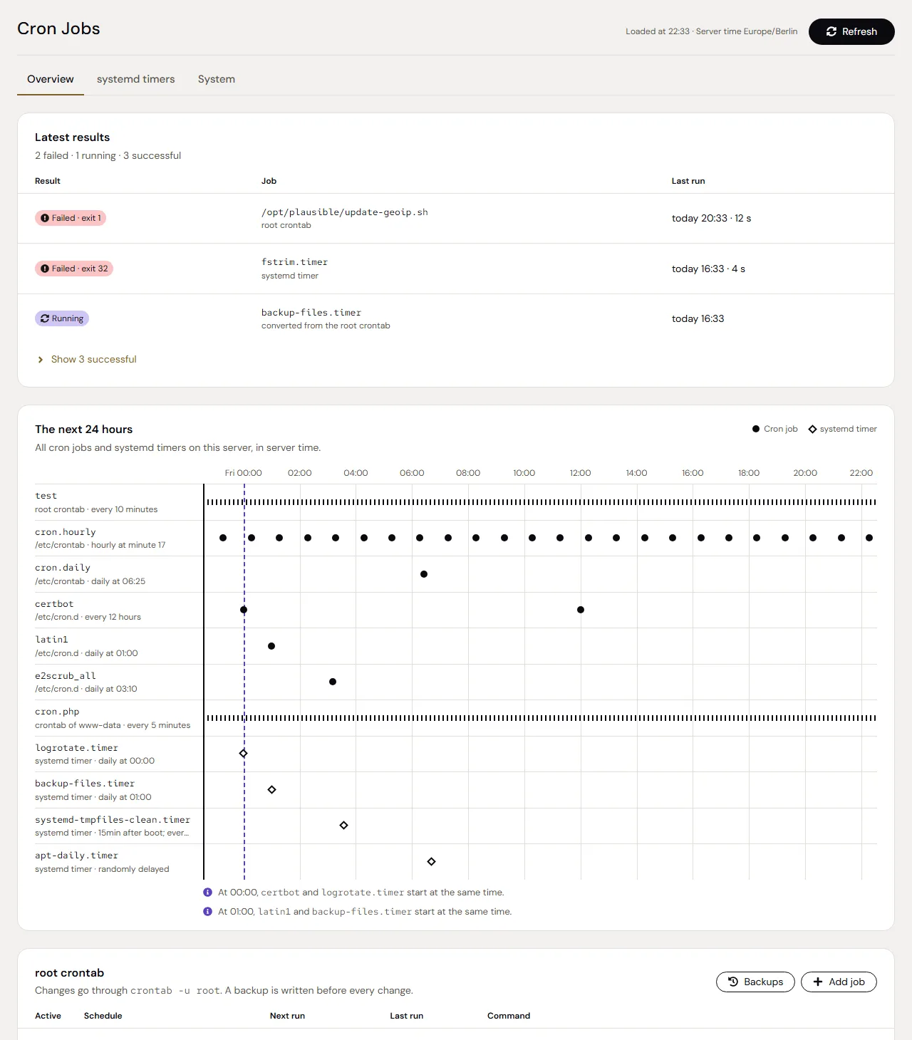 Cron Jobs in Cockpit: the latest results, the next 24 hours and the root crontab