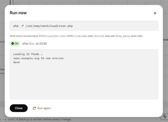 Run now: a job started with cron's environment, its output and result